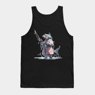 Anime Shark Fishing with a Broken Pole Tank Top